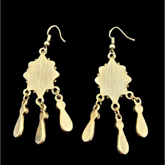 Vintage Light Green Aventurine Gold-Tone Dangle Earrings Teardrop Accents 2" - Picture 4 of 4